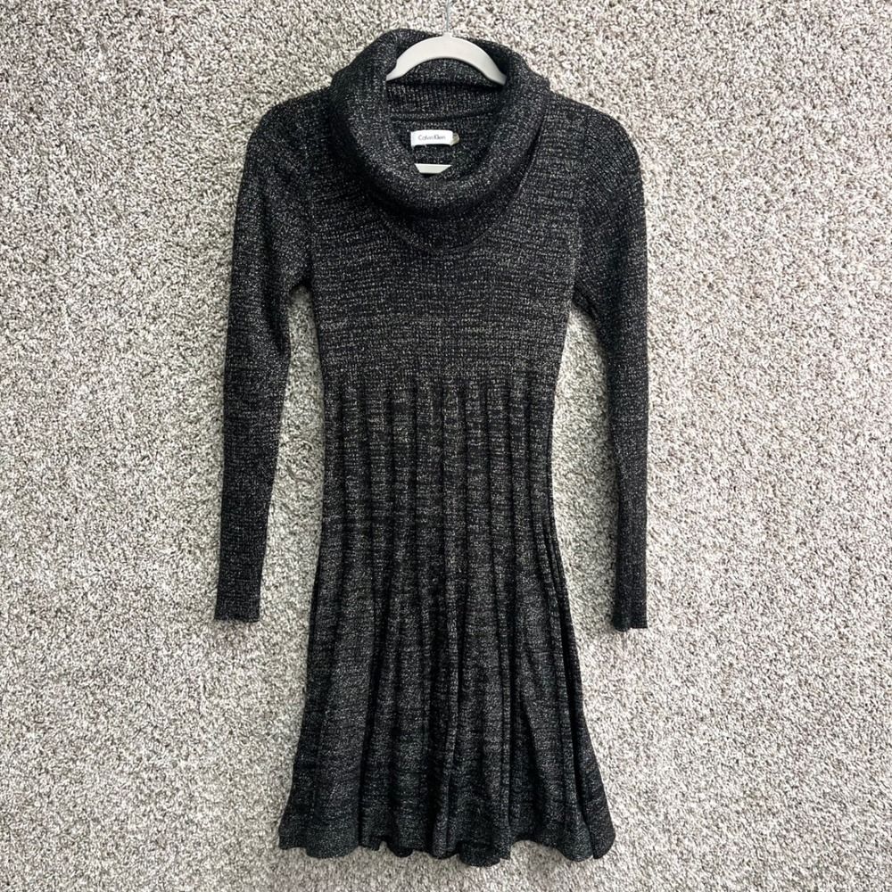 Calvin Klein Dress Womens M Black/Silver Metallic Cowl Neck Pleated Knit Sweater